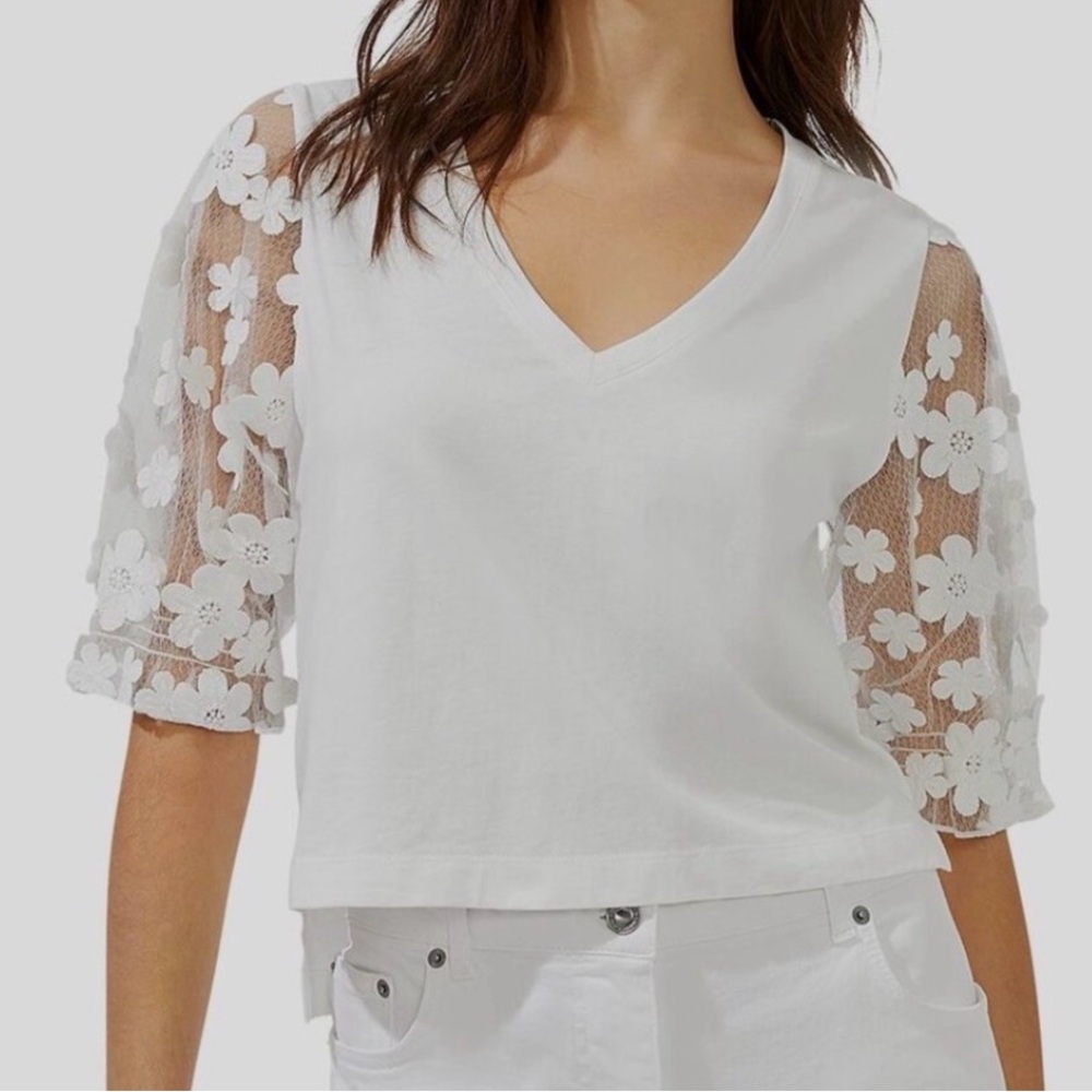 French Connection White V-Neck Top with Floral Mesh Puff Sleeves